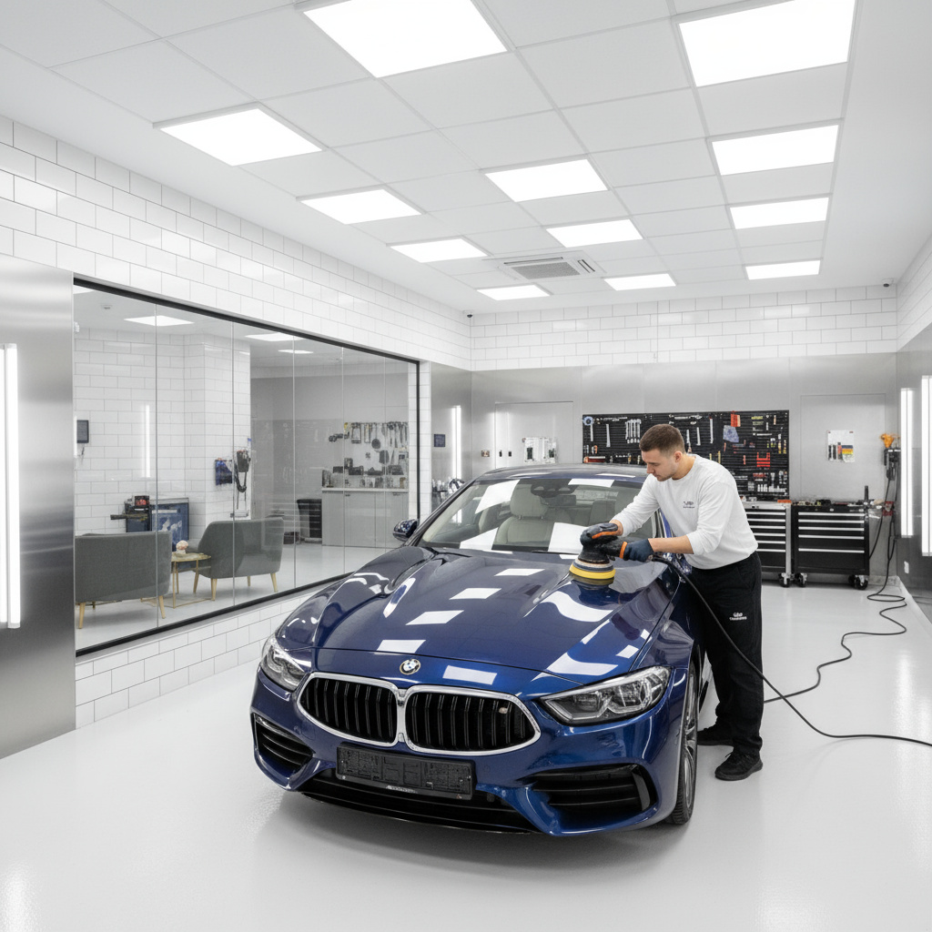 Estudio de detailing con técnico puliendo un sedán
